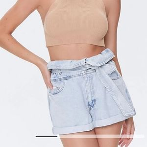 Forever 21 Paper bag Foldover Belted High Waist Light Denim Shorts 90s M